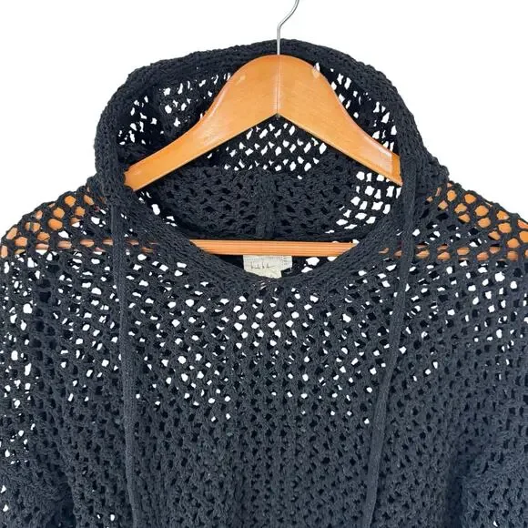 NICOLE MILLER ARTELIER Sweater Womens Medium Black Crochet Hoodie Vacation - Picture 8 of 11